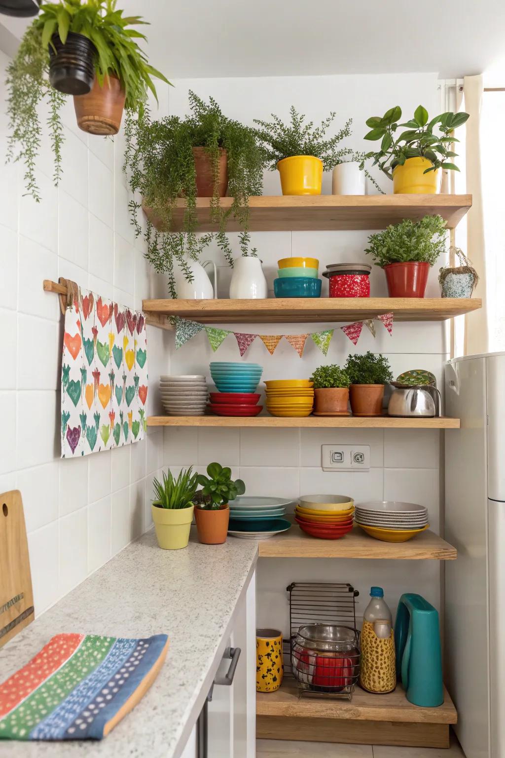 Open shelves create an airy feel and offer functional storage in a compact kitchen.