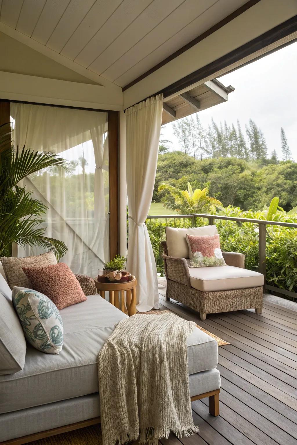 Establish a snug seating arrangement using deluxe cushions and throws, ensuring the highest degree of comfort.