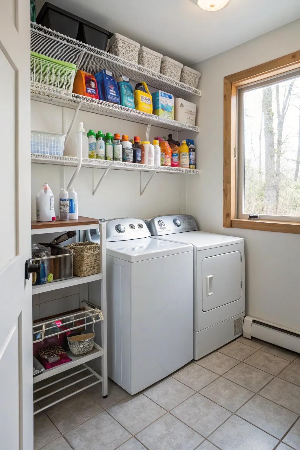Optimize wall area through vertical storage solutions, resulting in a neat laundry space.