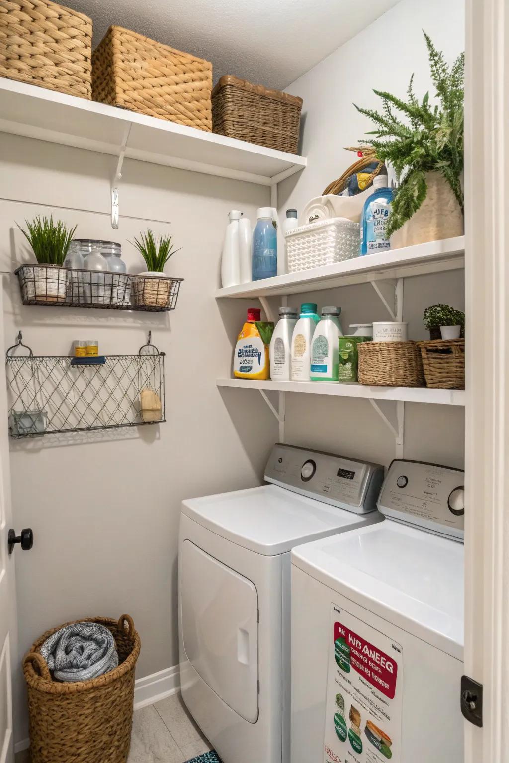Wall-mounted shelves bring order and style to a compact laundry space.