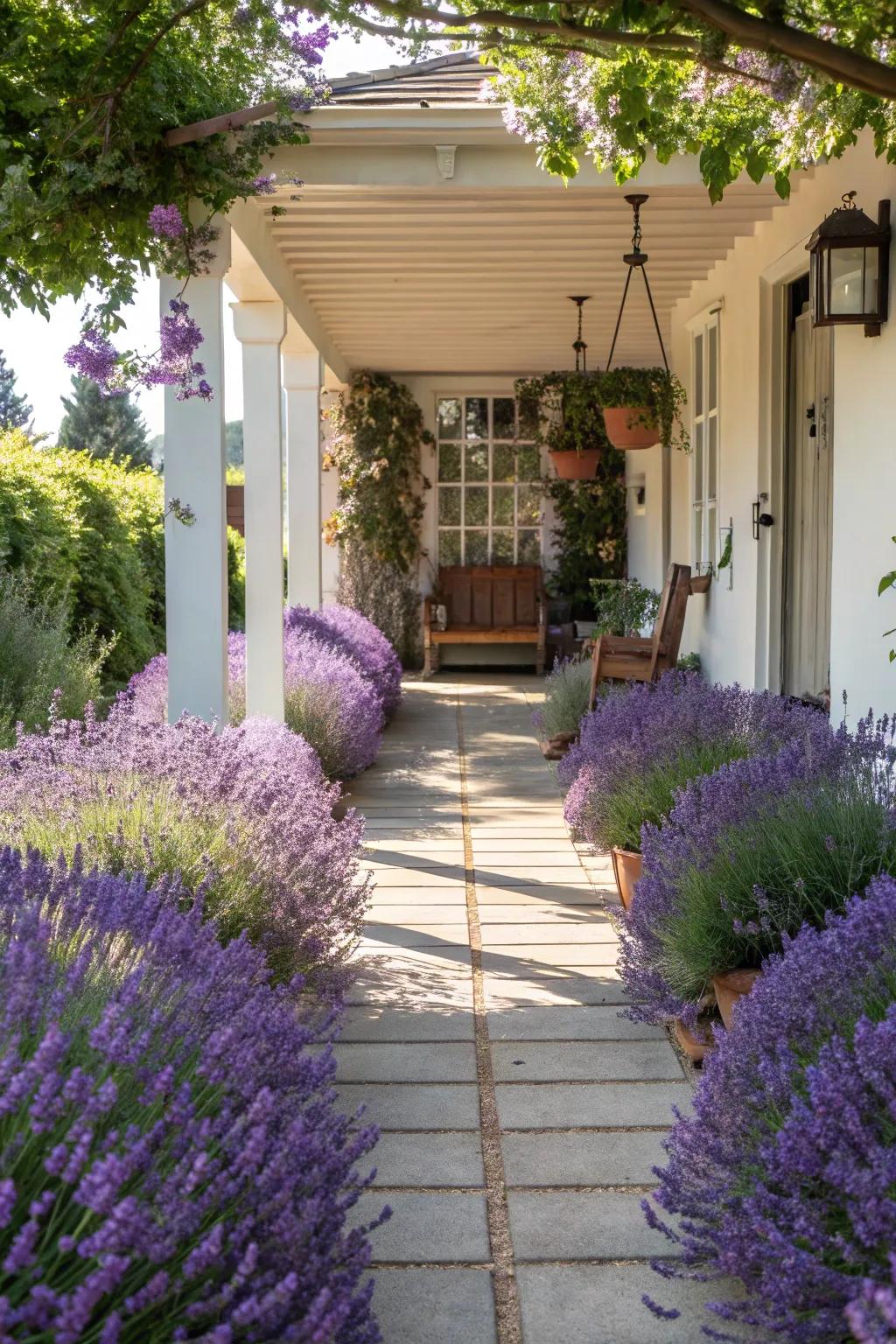 Lavender frames elevate walkways into aromatic journeys.