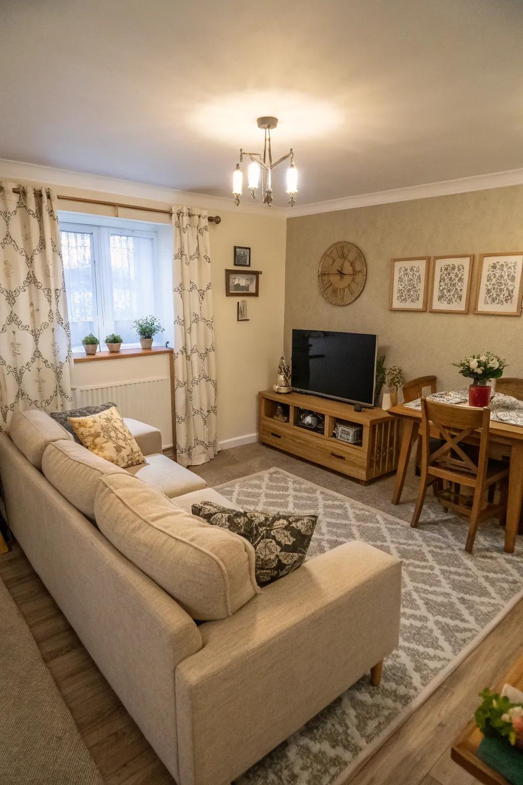 A modular couch provides a clever segmentation between relaxation and dining domains.