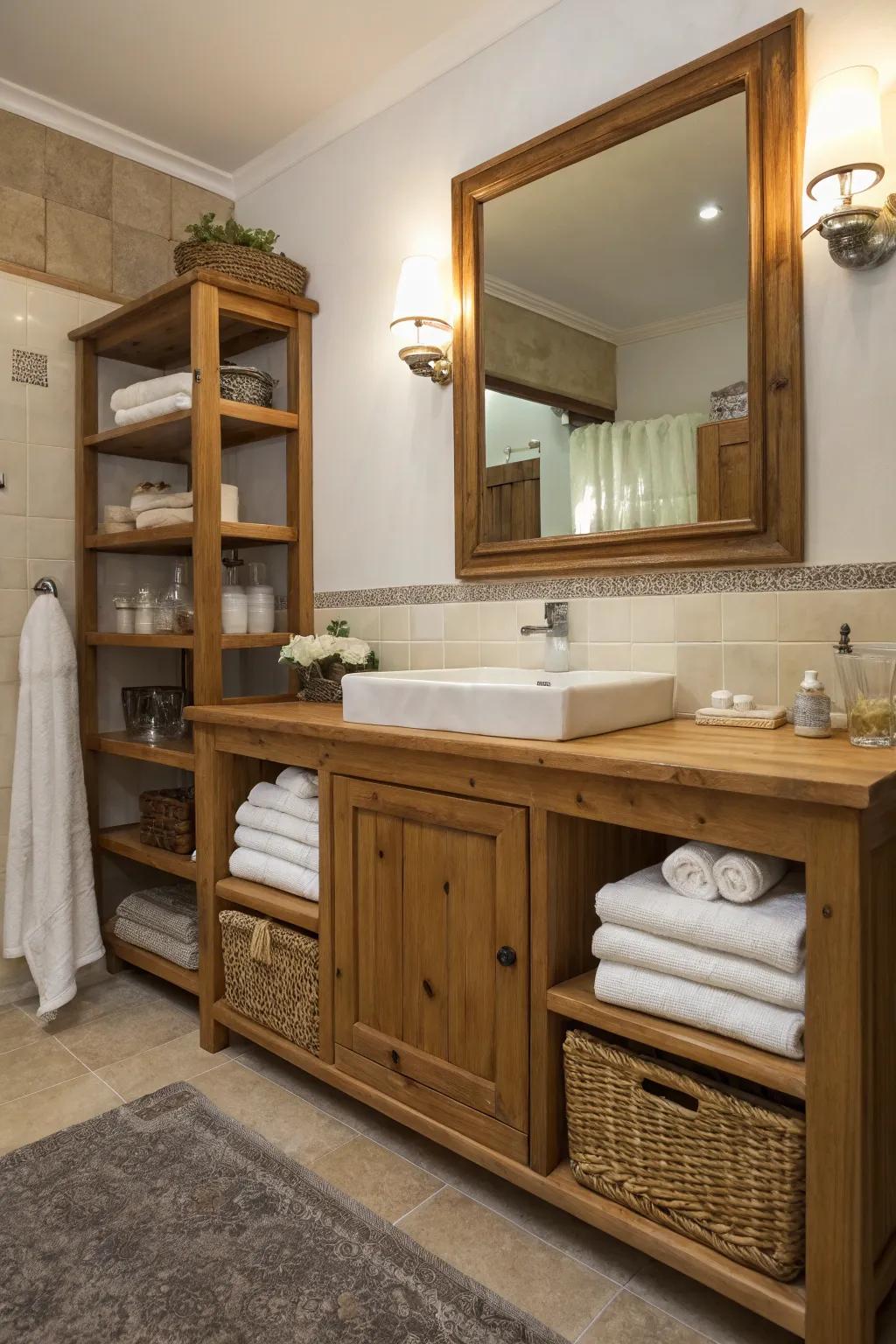 A rustic bathroom elevated by a timber washstand and shelving.