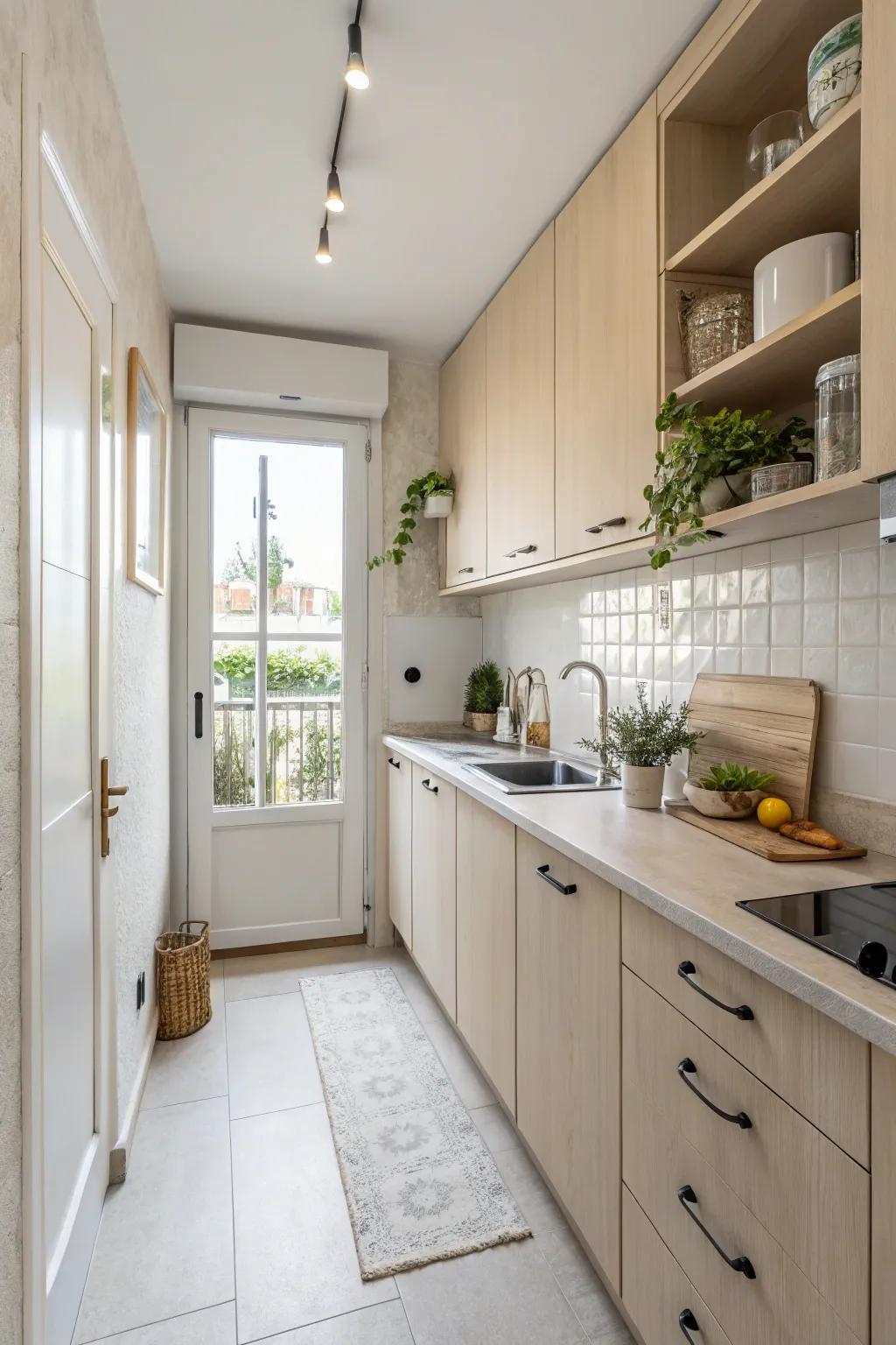 Soft colors in this kitchen create the illusion of extended space.