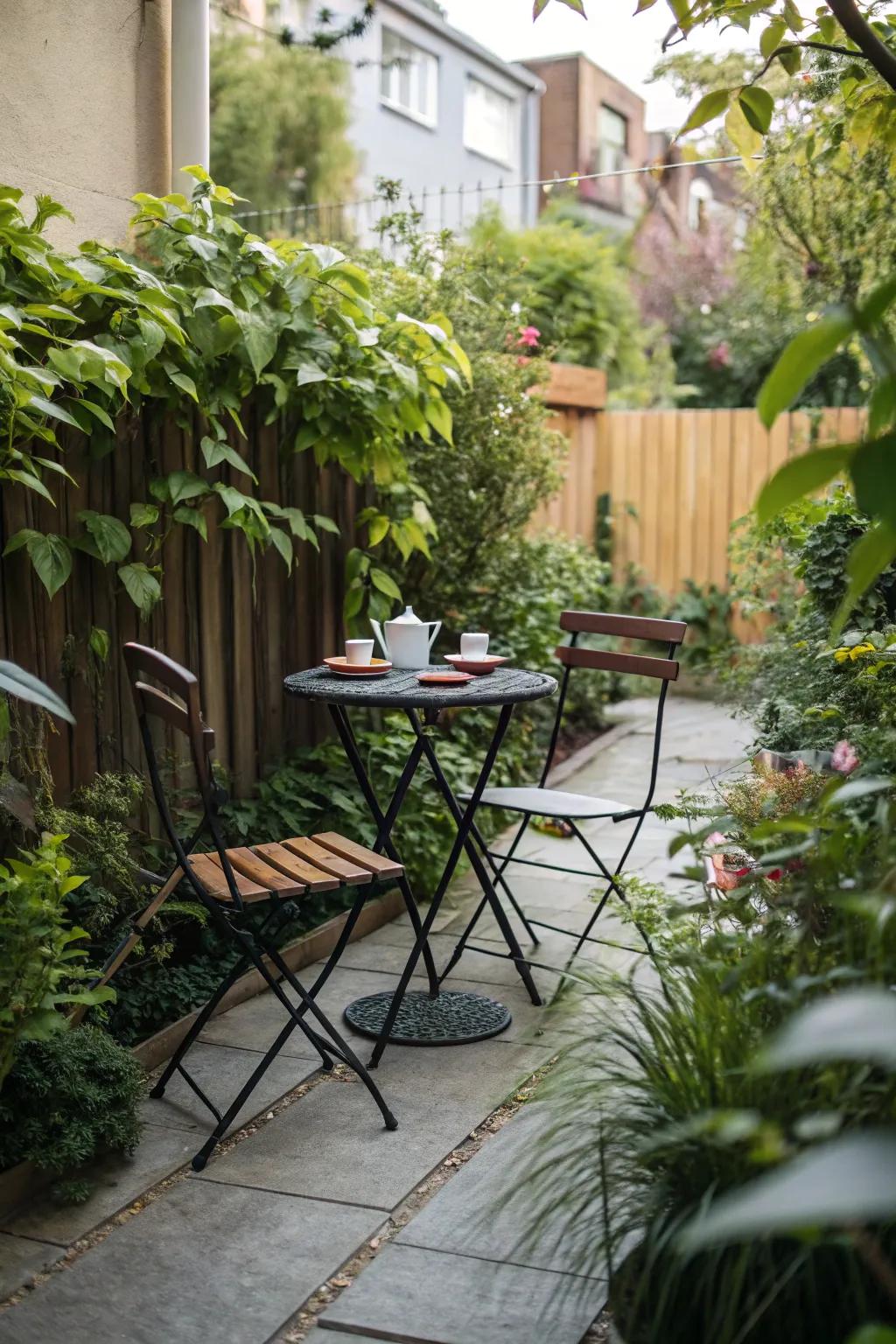Space-saving folding chairs and a bistro table on a compact patio.