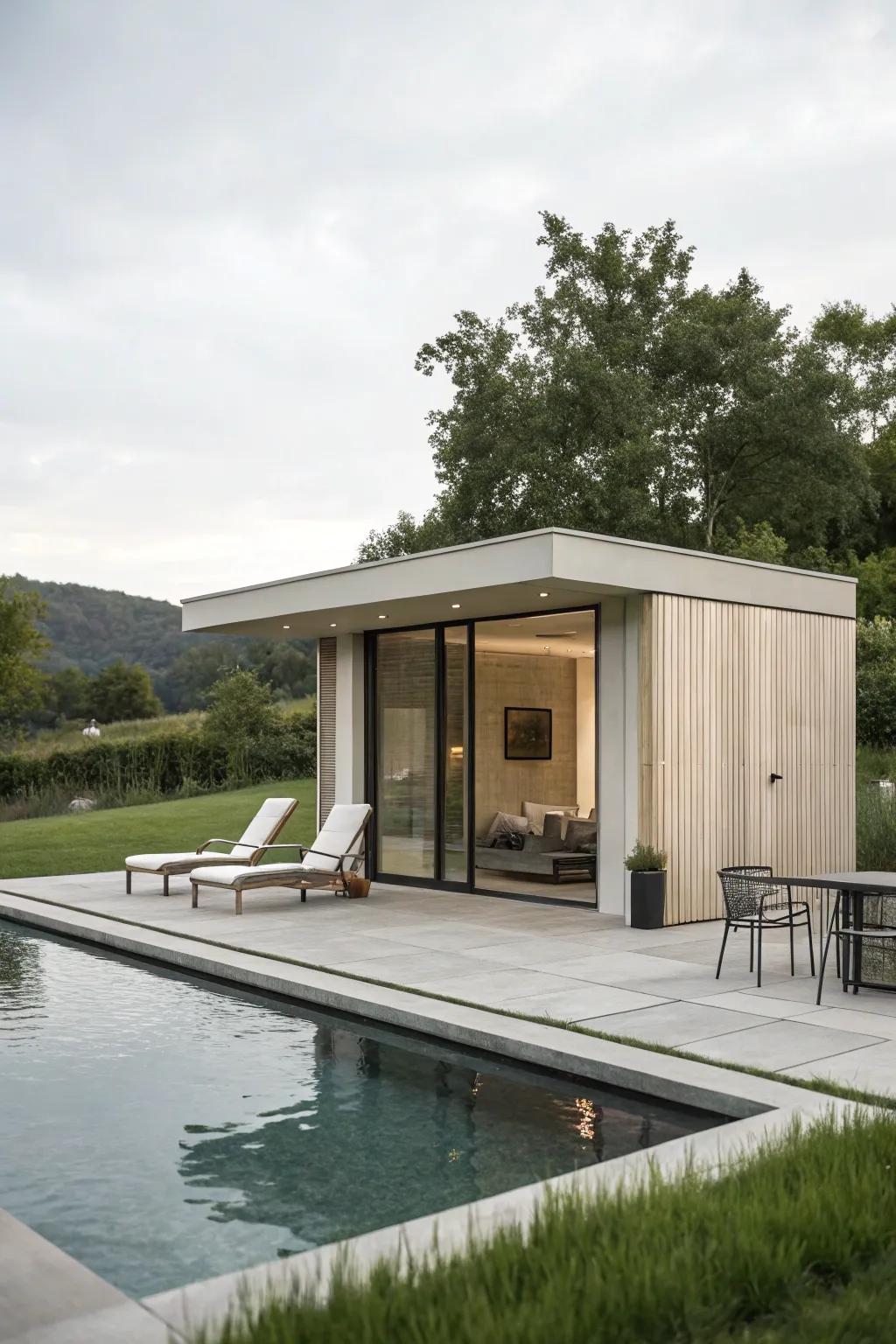 A minimalist pool house design highlighting simplicity and practicality.