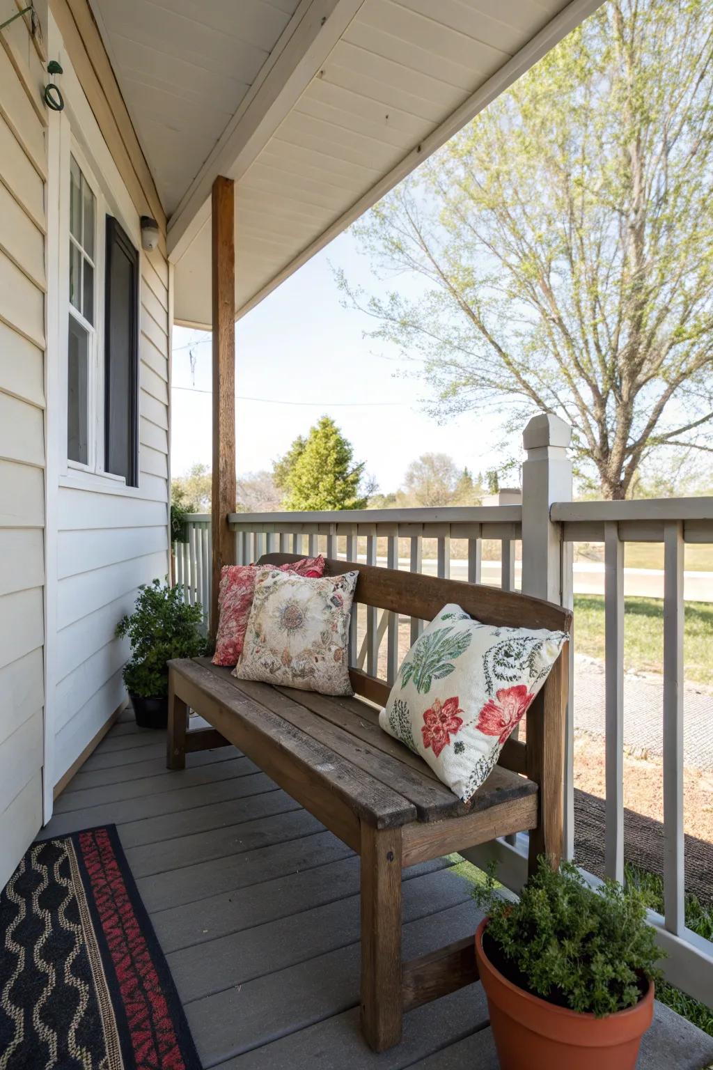 A refined timber bench, gracefully adorned with decorative pillows, situated on a side porch.