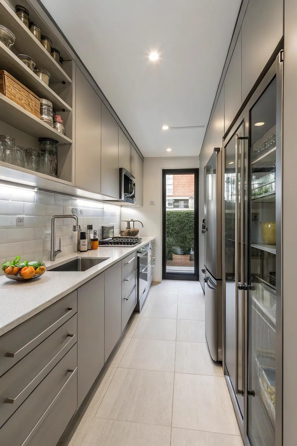 A streamlined corridor kitchen showcasing supreme space optimization and functionality.