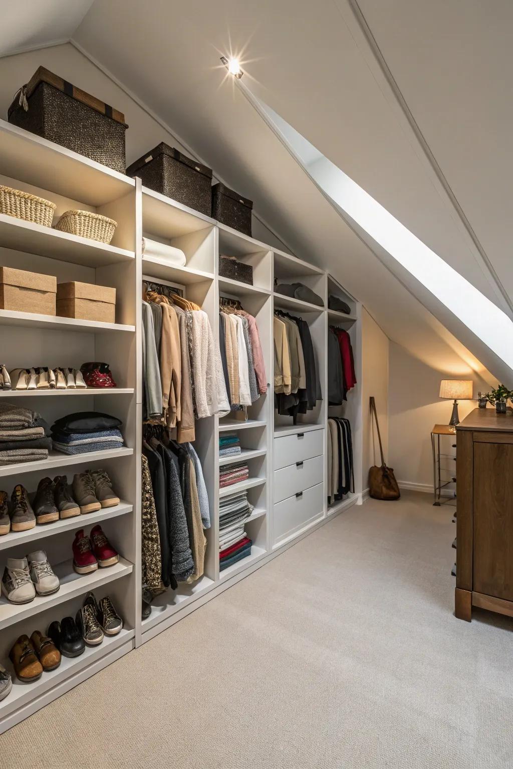 Bespoke shelving following the slope turns any attic into a neat retreat.