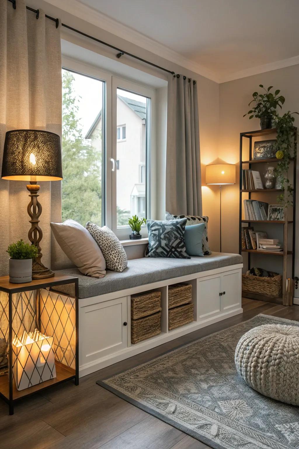 A chic bench featuring hidden storage in a contemporary living space.