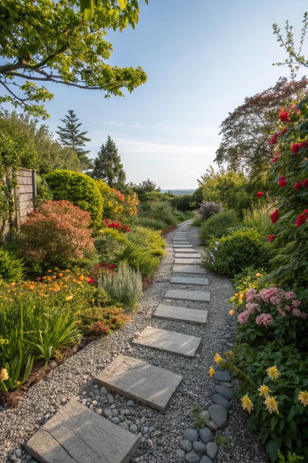 A natural rock pathway meandering through lush garden foliage.