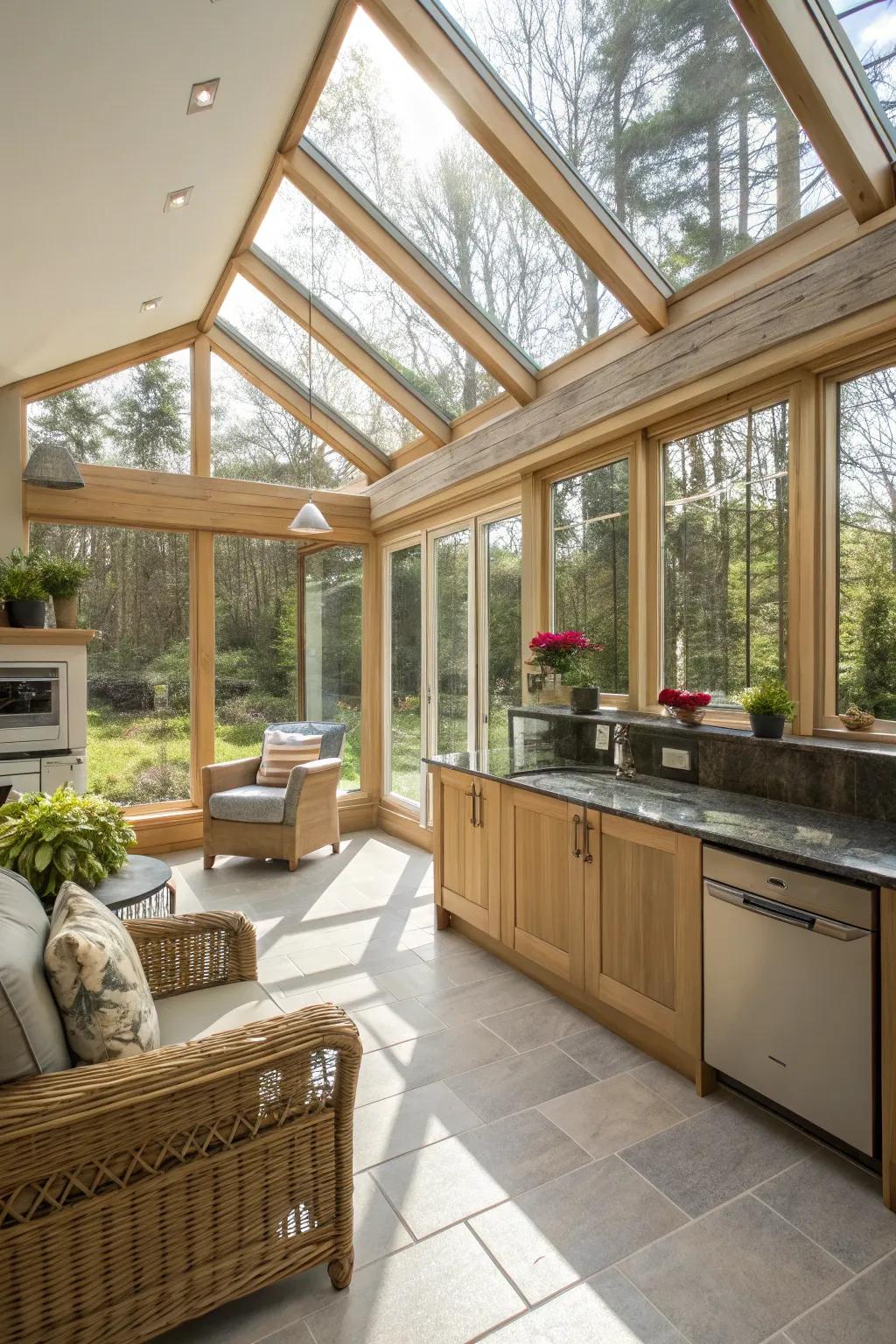 Expansive windows foster an airy, luminous sunroom environment.