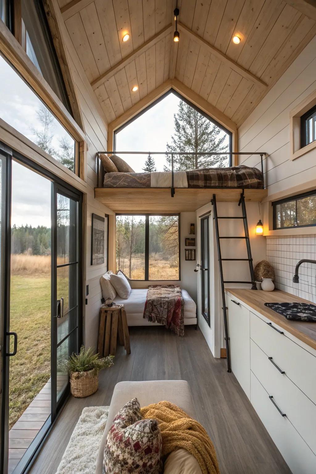 A sleeping loft in a compact house provides a welcoming escape above a beautifully arranged living area.