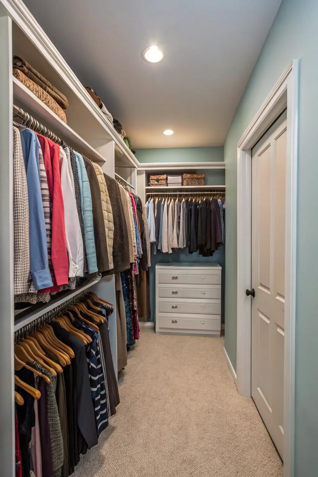 Dual hanging rails maximize the vertical potential in a small closet.