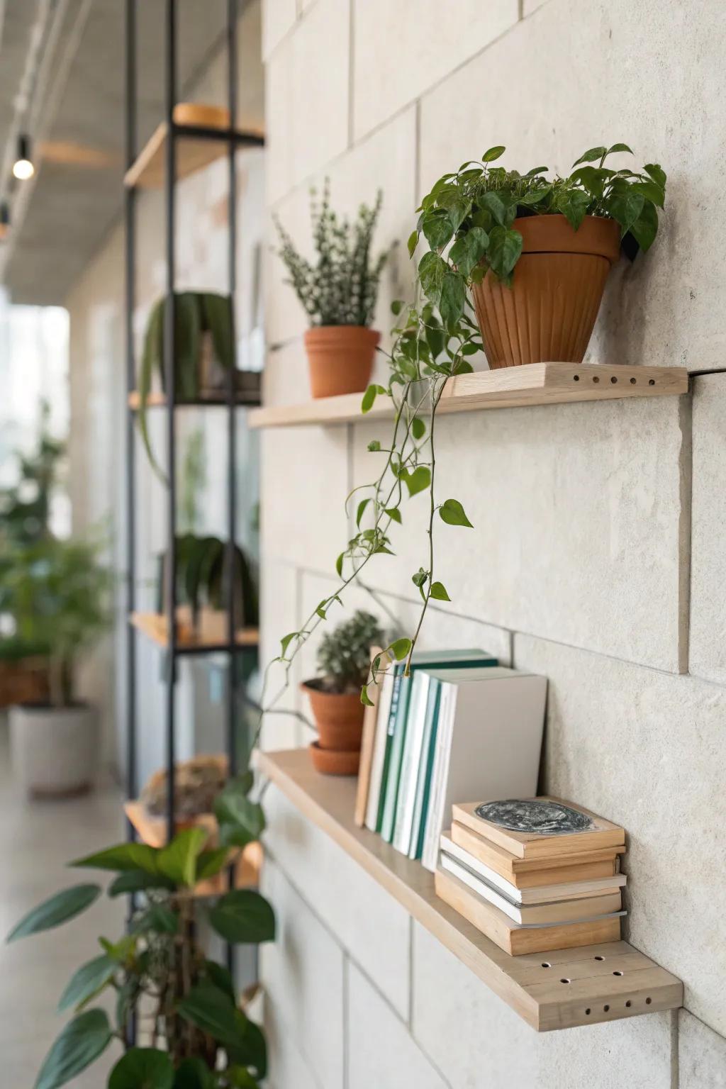 Streamlined shelves tastefully displaying plants and books.