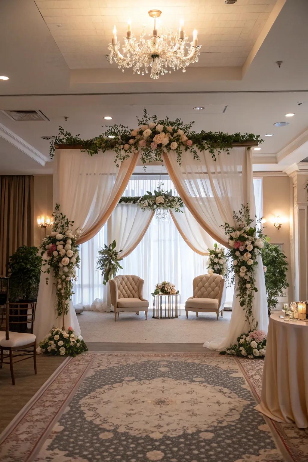 A living room exquisitely transformed into a serene and personal ceremony venue.
