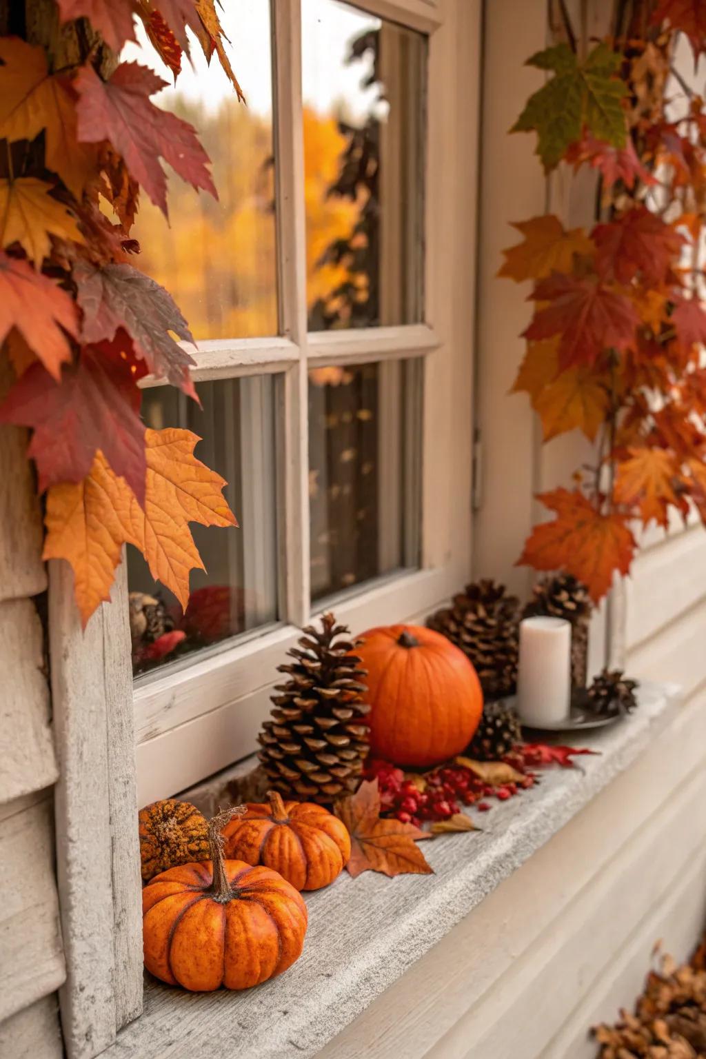 An inviting autumnal window display using natural elements.