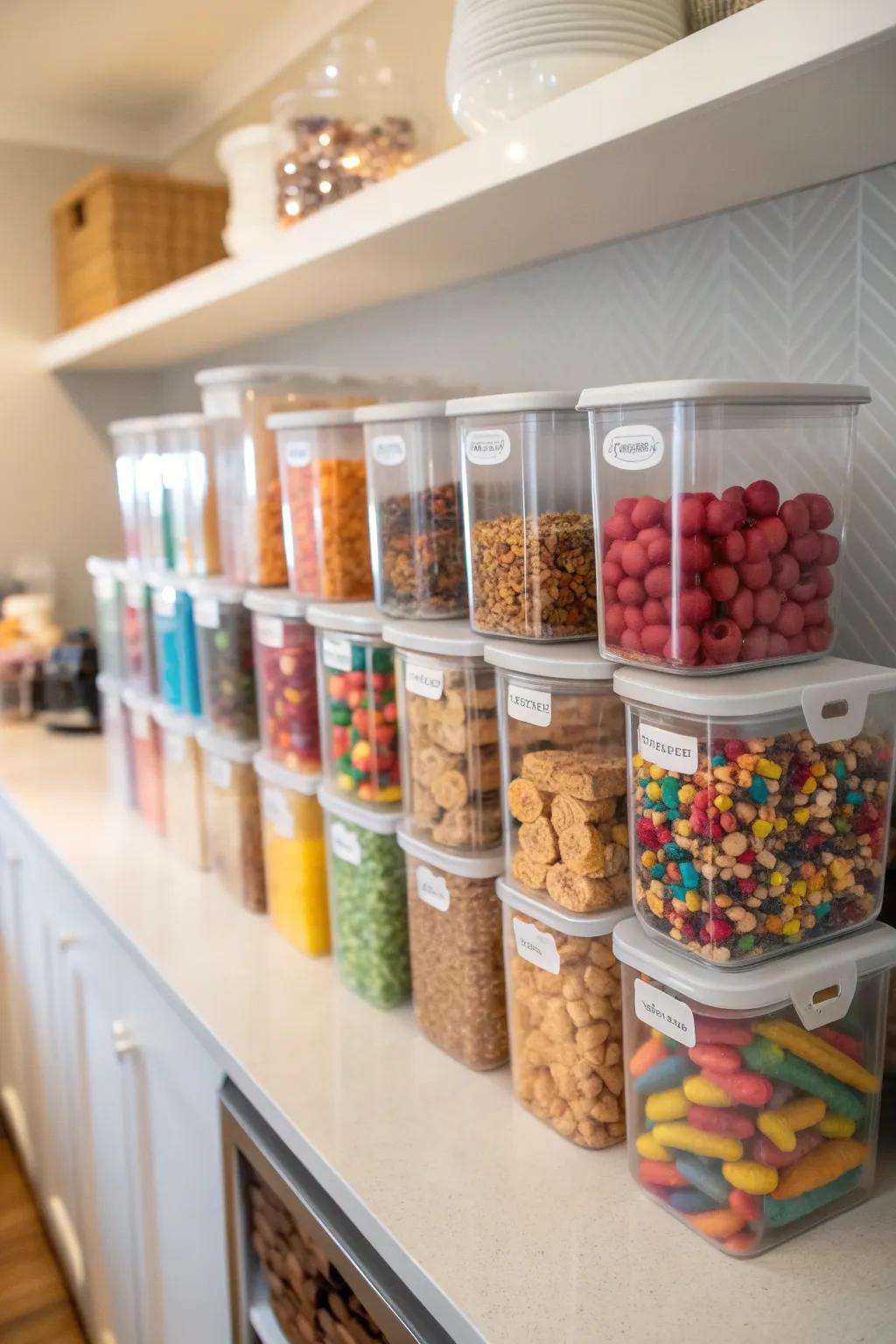 Transparent receptacles facilitate effortless snack inventory at a glance.