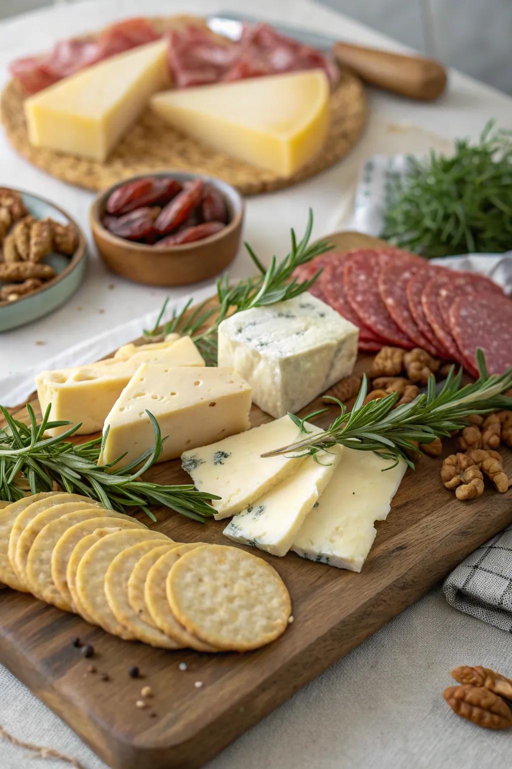 An ageless cheese and charcuterie exhibit, ideal for communal enjoyment.