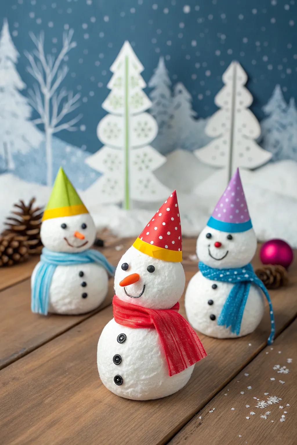 Charming cotton ball snowmen, ready to adorn your home.