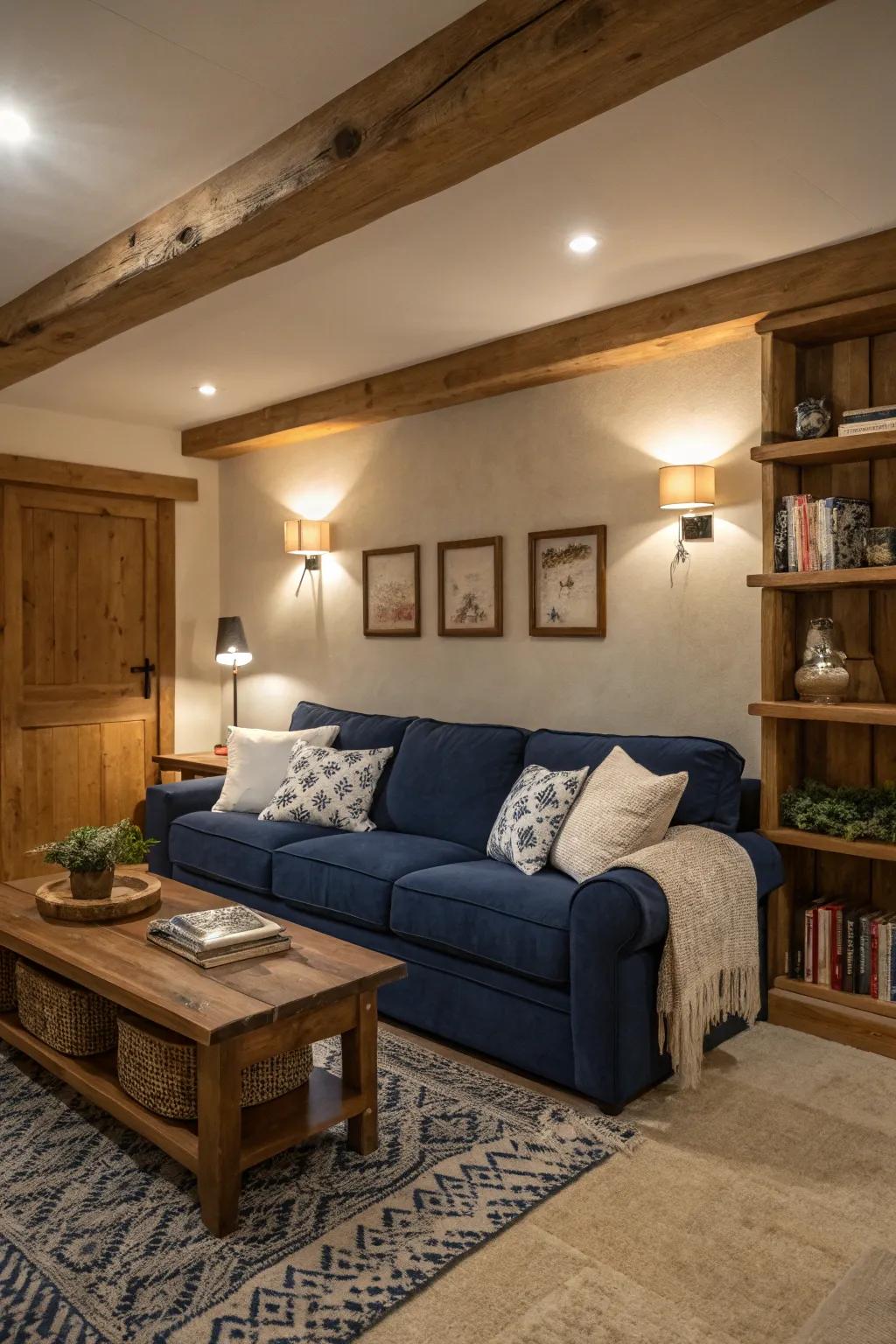 A deep blue sofa paired with neutral and wooden elements creates a perfect balance.