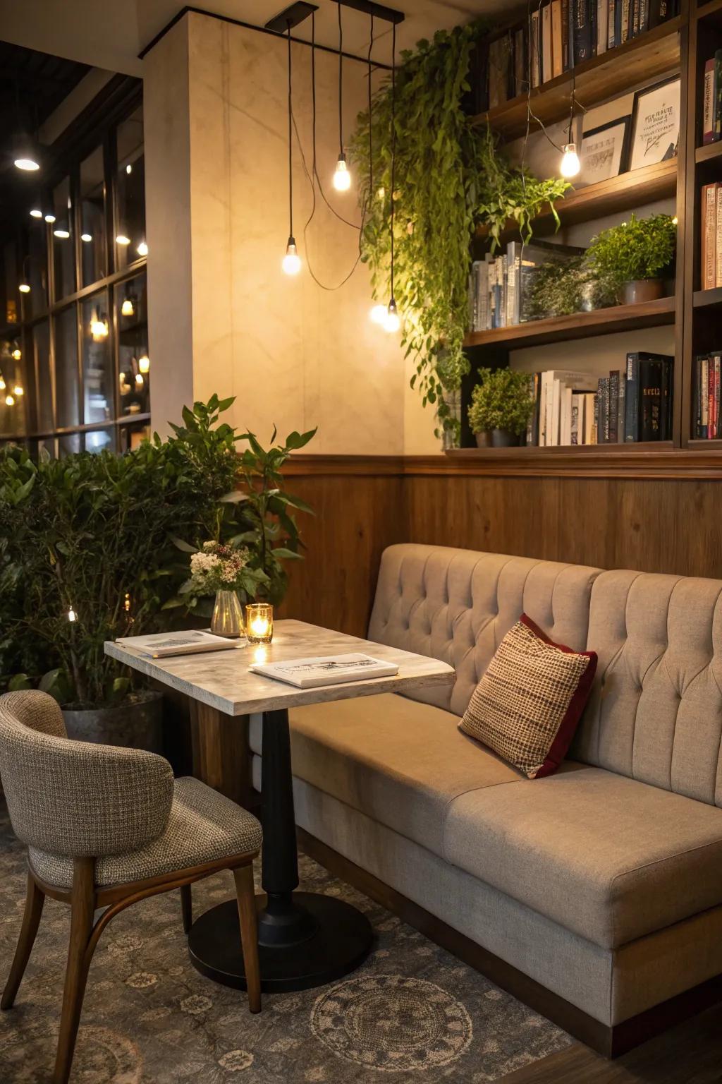 Create a charming corner dining nook featuring a sofa.