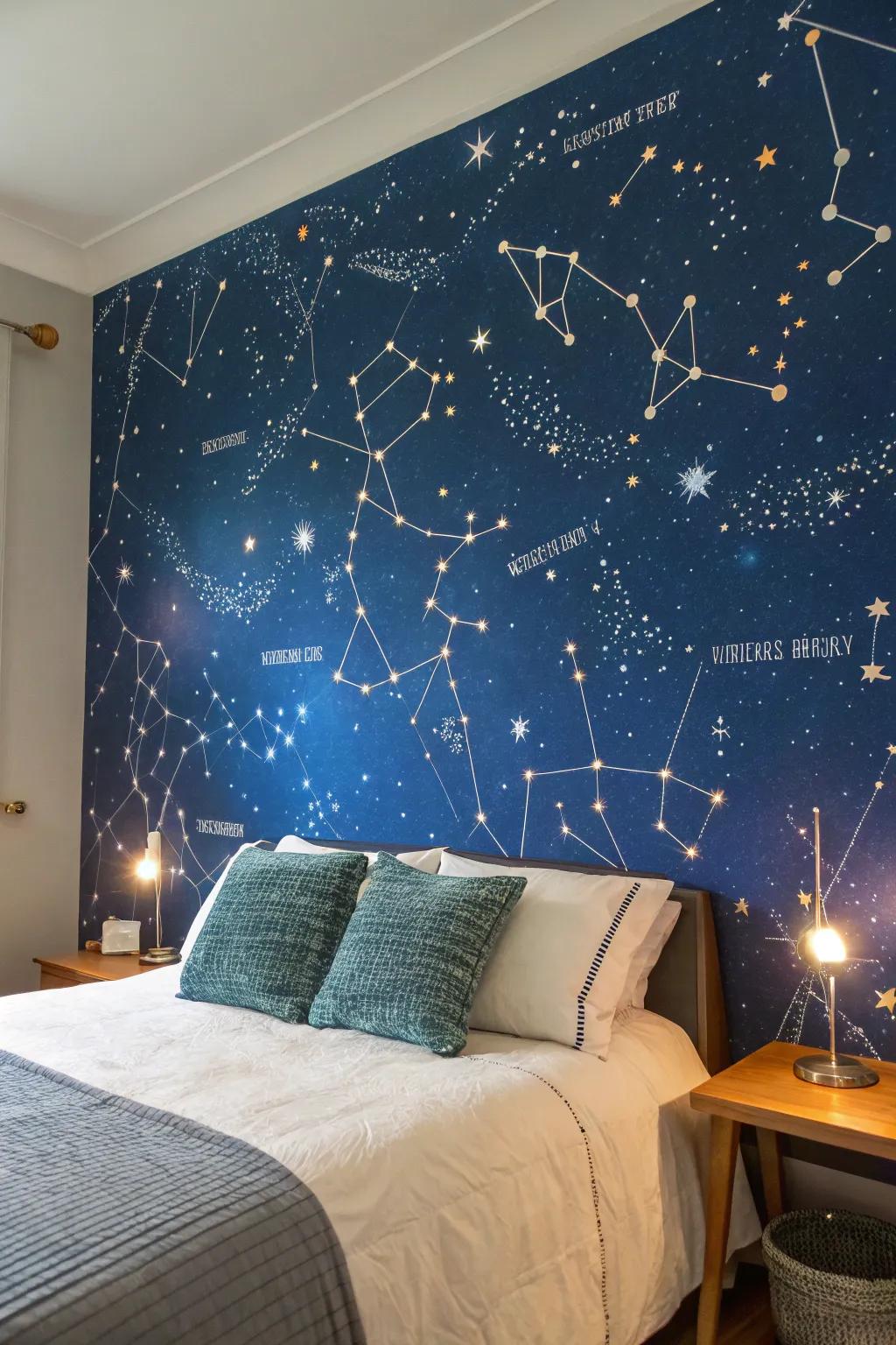 A starry night mural crafts a celestial setting ideal for dreamers.