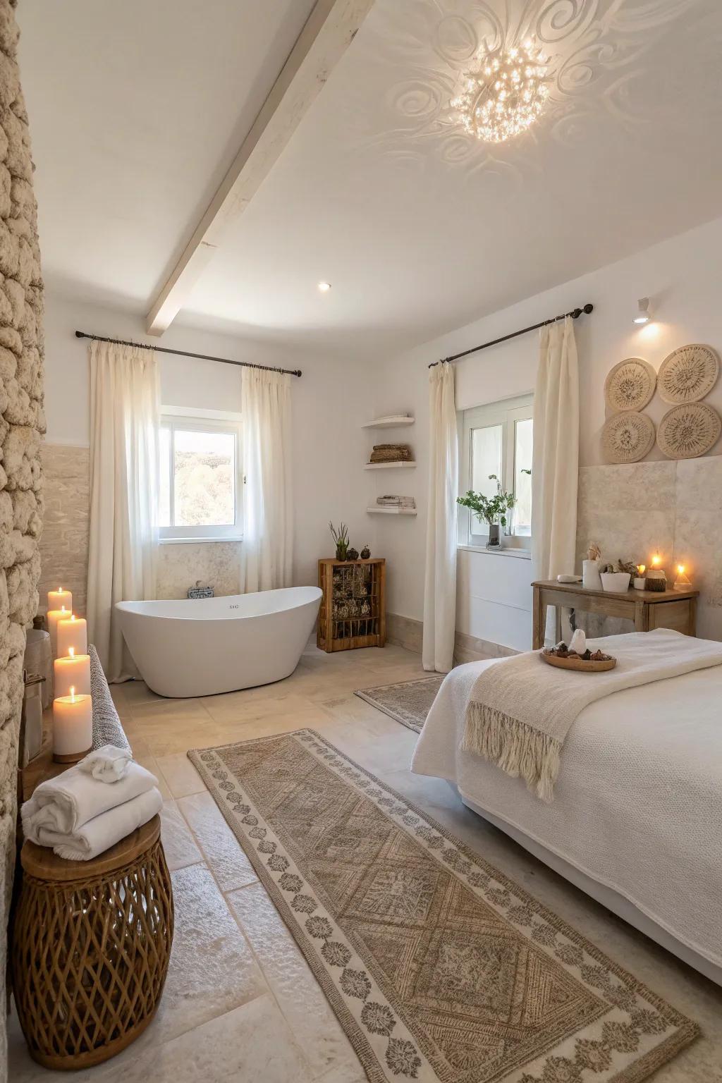 Neutral shades evoke a tranquil and restful spa-like environment.