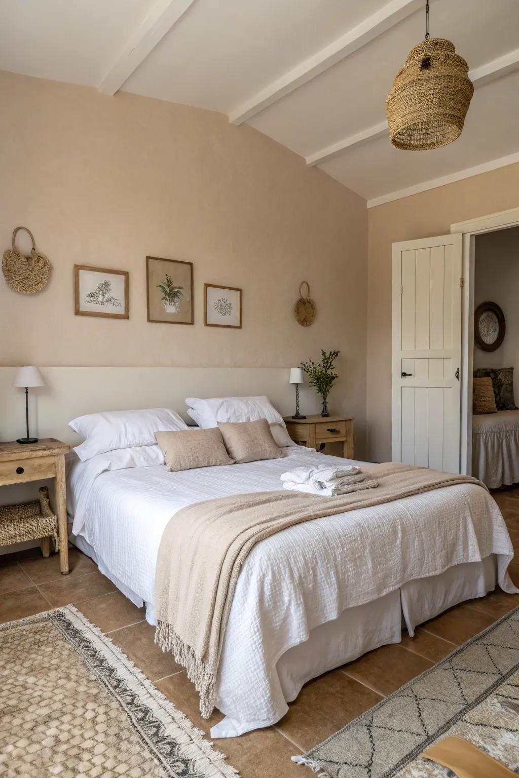 Neutral shades evoke tranquility in a spa-like retreat.