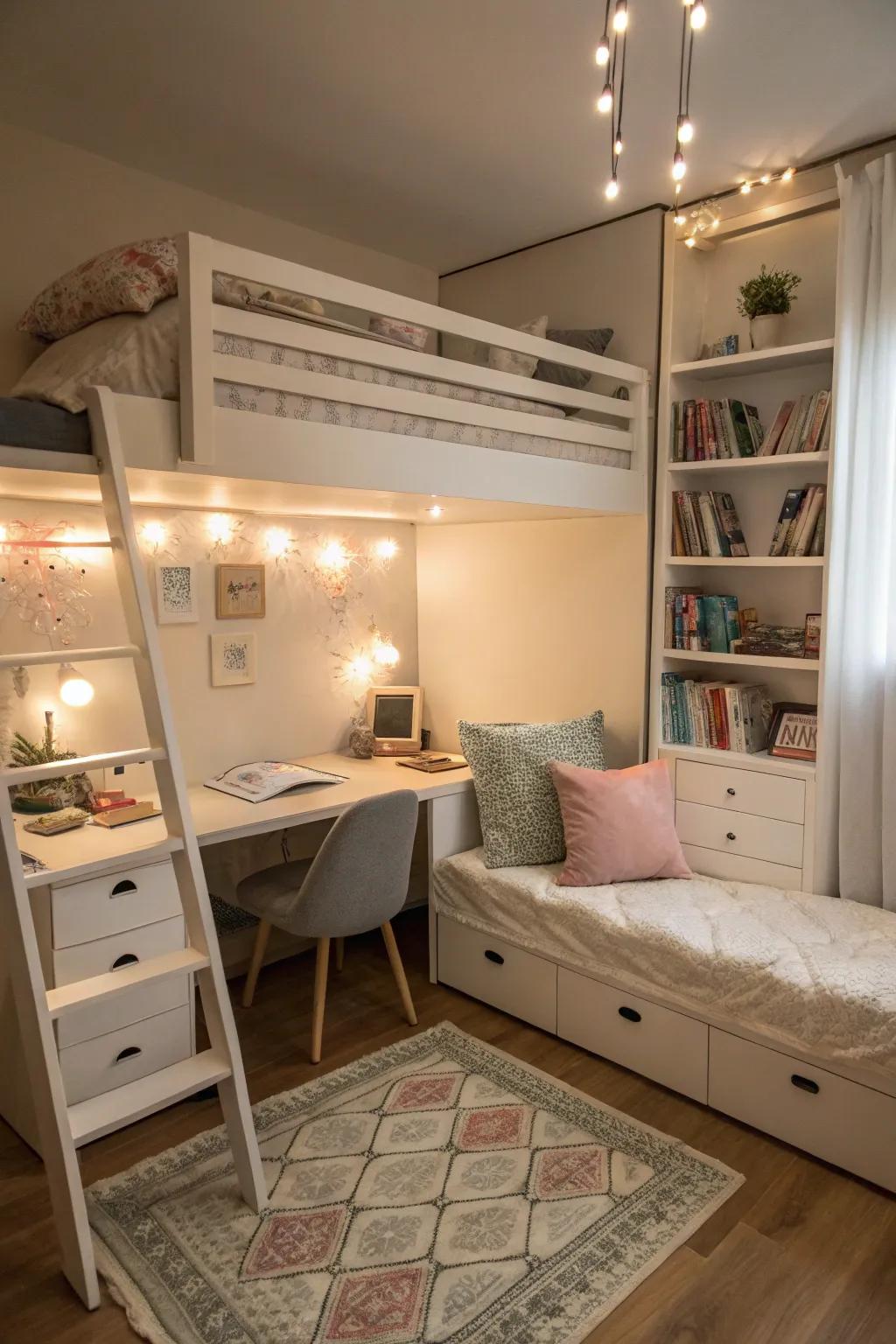 Amplify space with a loft bed, creating areas for both work and relaxation.