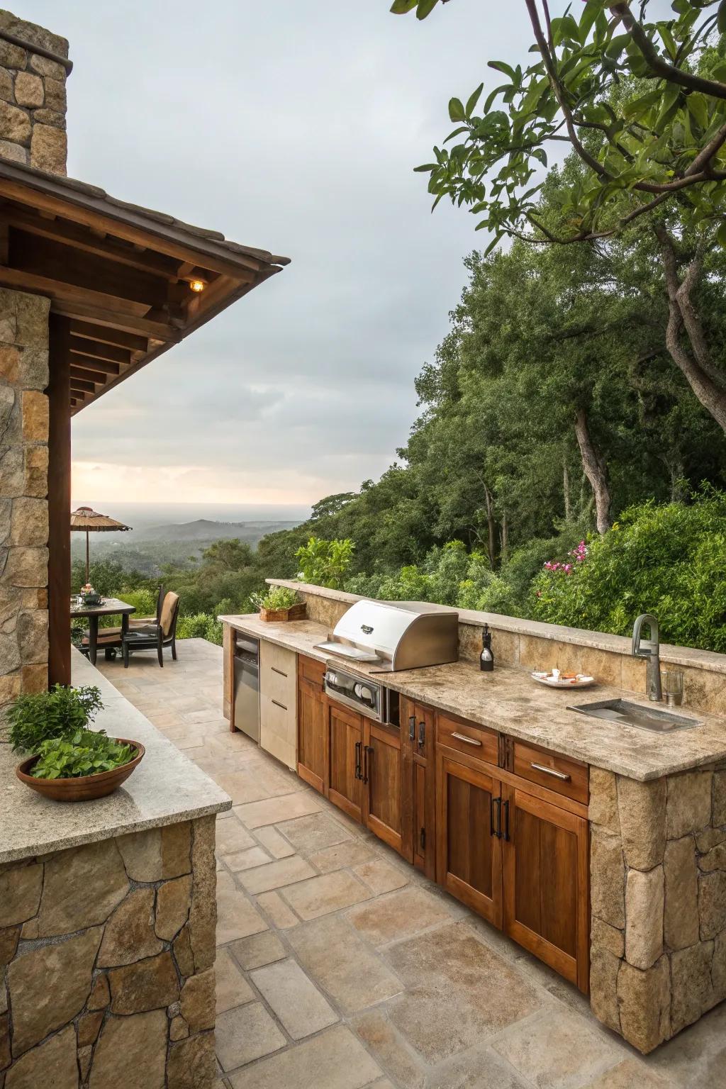 A captivating outdoor kitchen showcasing natural stone and timber components, nestled within a lush setting.