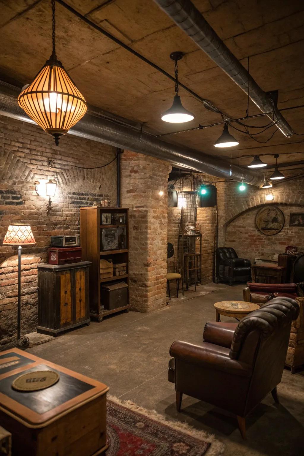 Uncovered brick facades fashion a weathered and age-old atmosphere inside your speakeasy.
