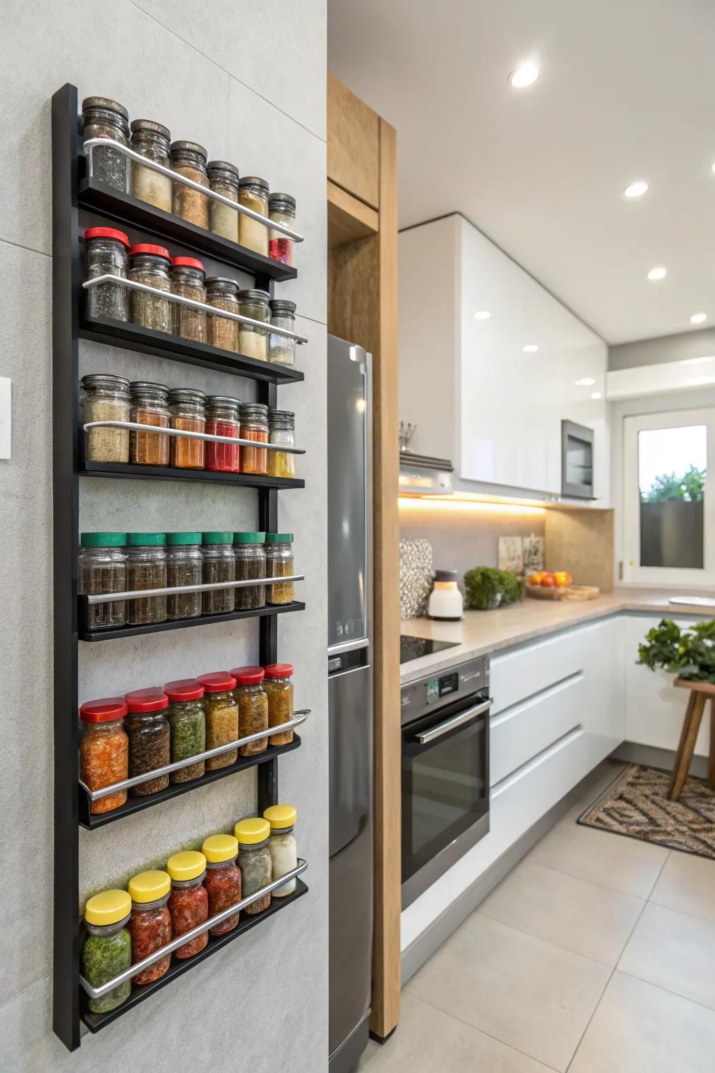 A modern kitchen enhanced by a wall-mounted spice rack that conserves space.