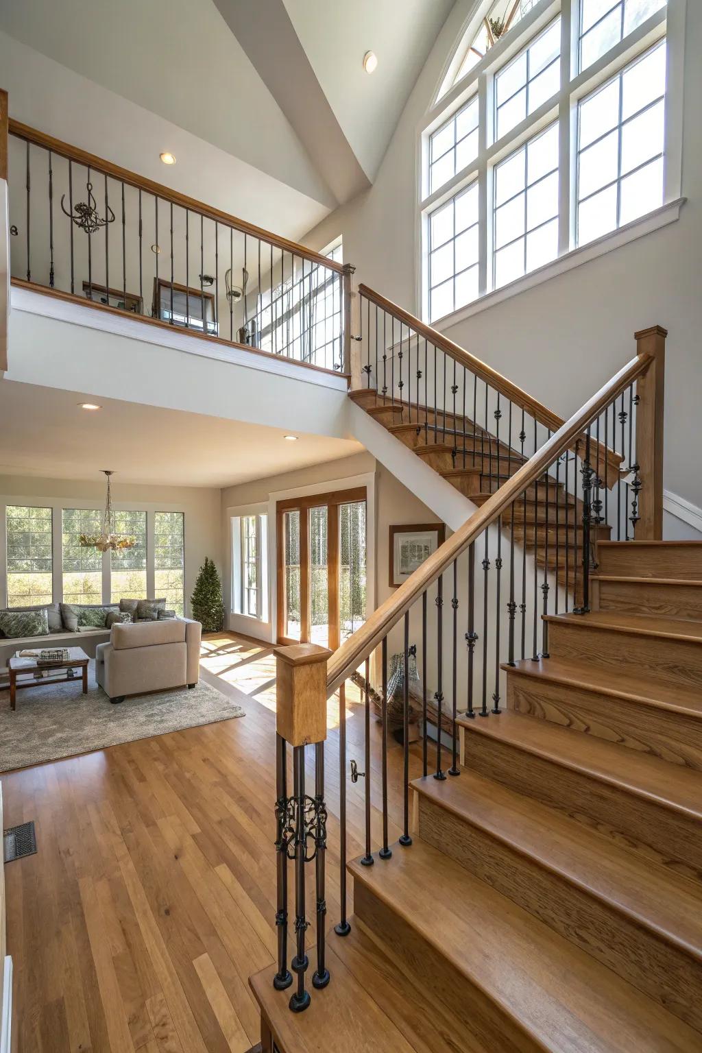 A traditional wood and metal railing design in a split-level residence.