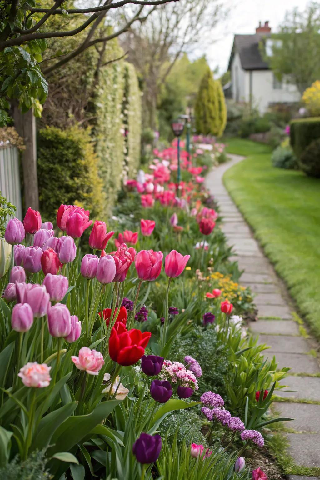 An impressive tulip border showcasing an array of brilliant hues.