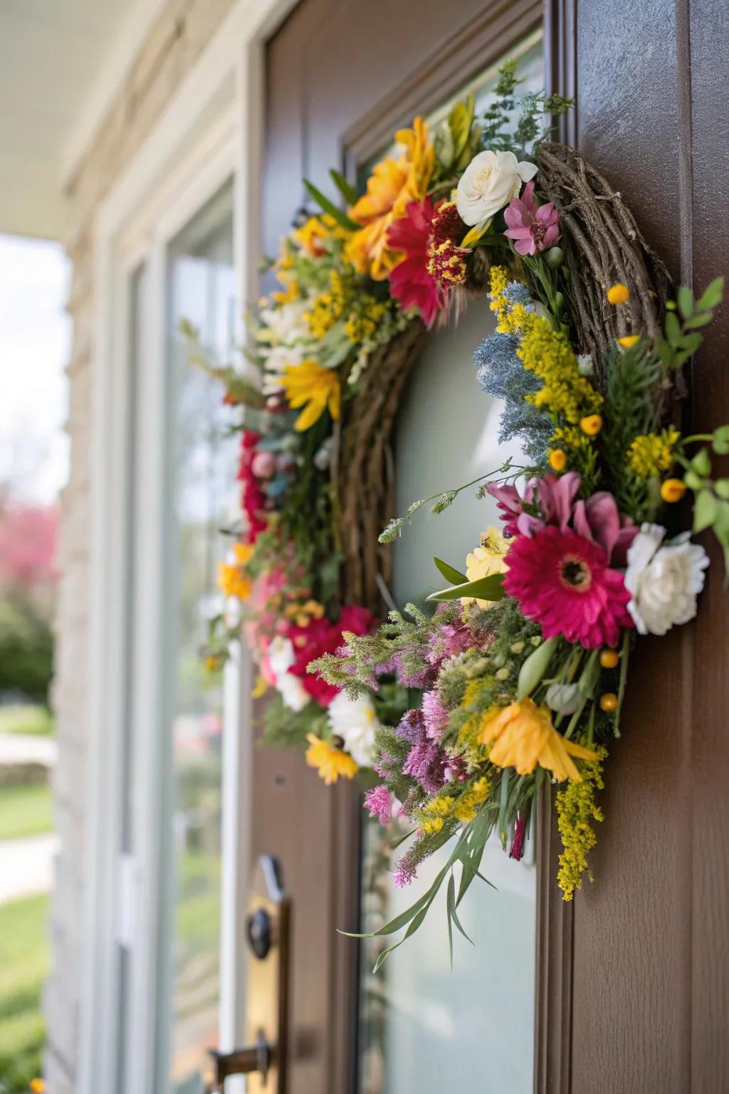 A vibrant verdant garland extends a warm spring salutation at the entrance.