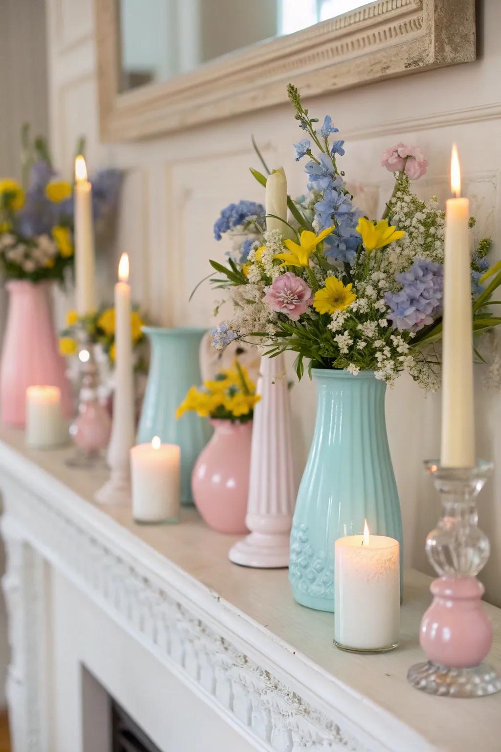 A mantel graced with pastels, embodying the tranquility of spring.