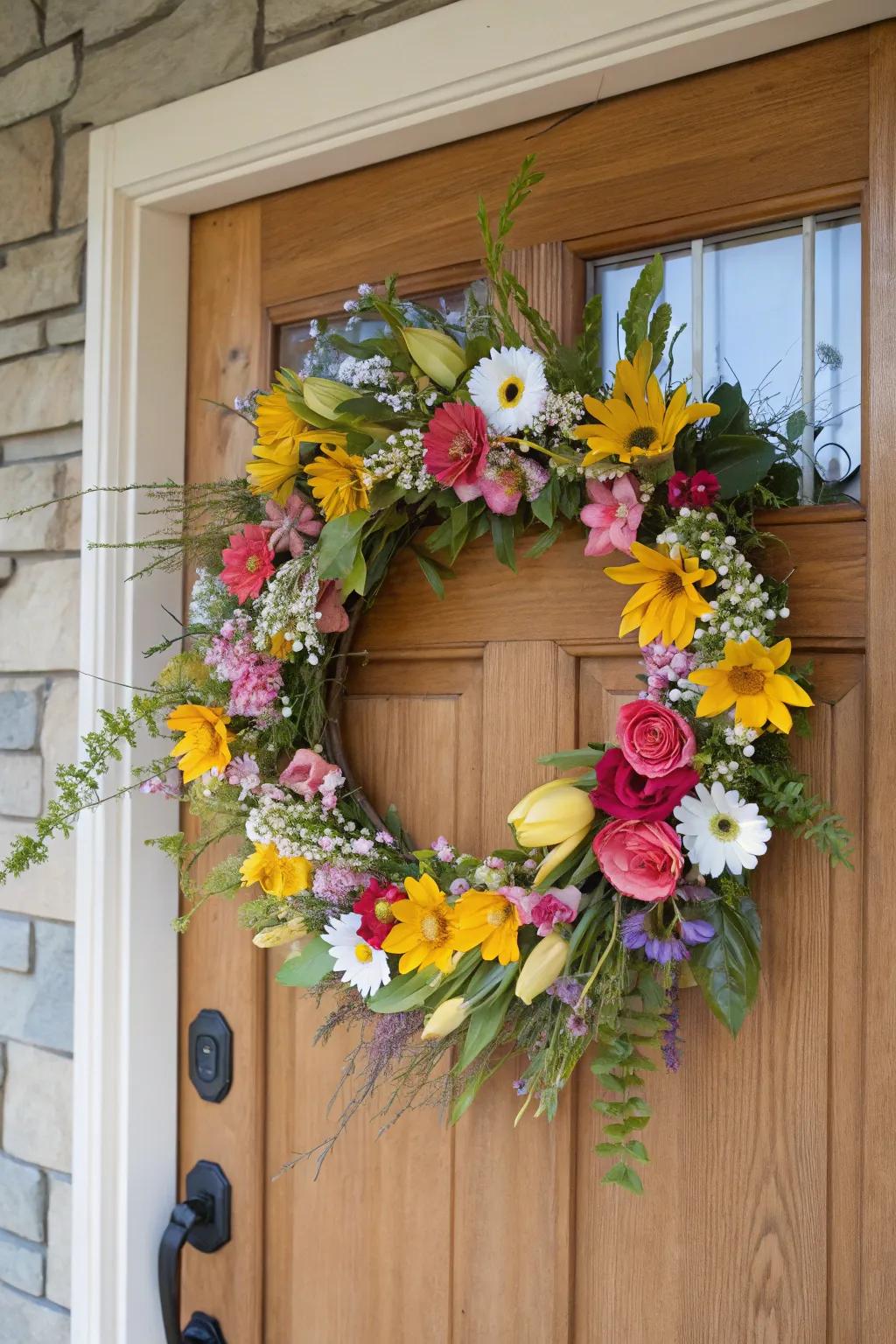 A lively botanical adornment imparts a cheerful ambiance to any entry, ideally suited for the springtime period.