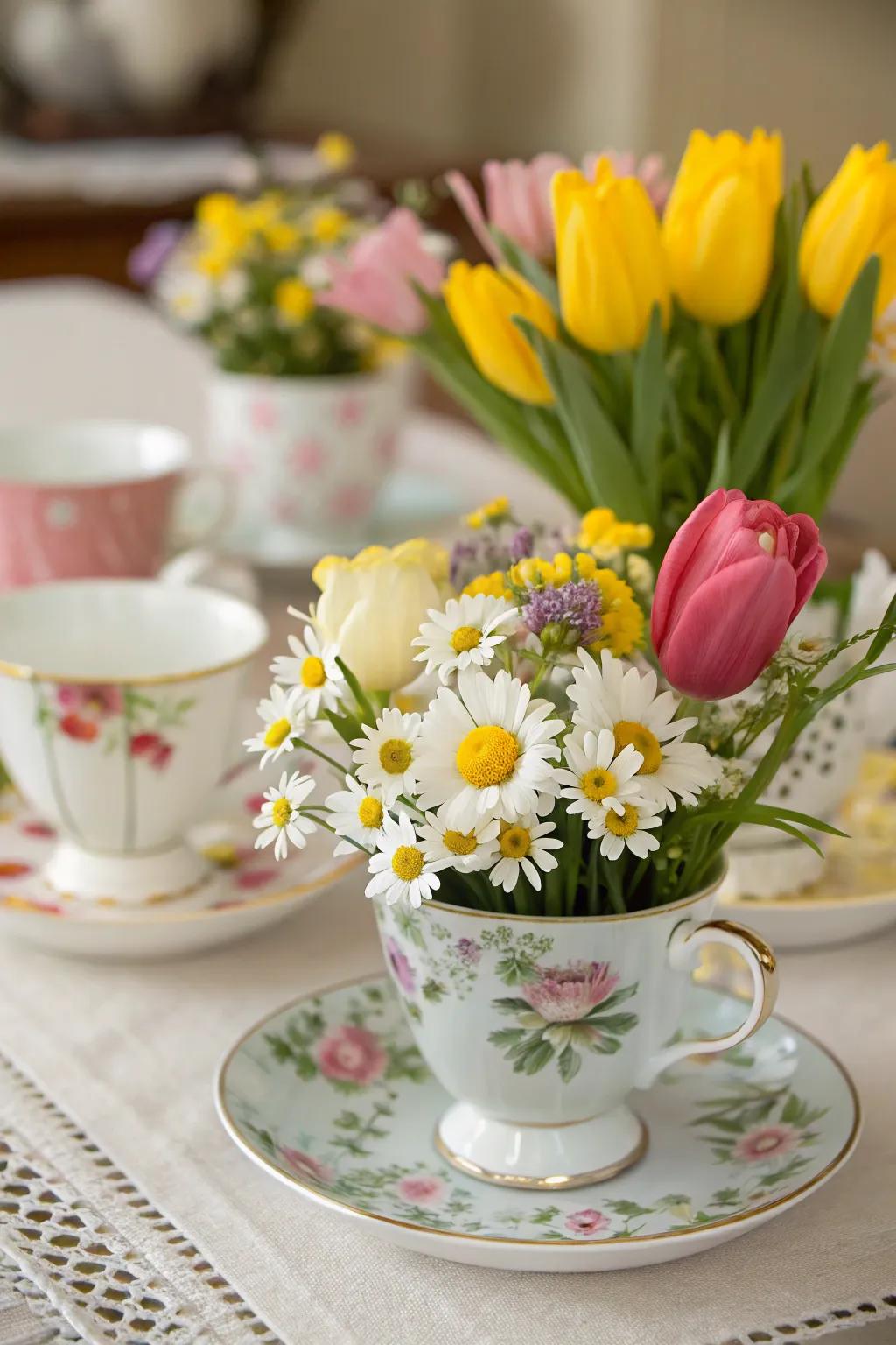 Floral teacup centerpieces introduce a fanciful element to your tea party.