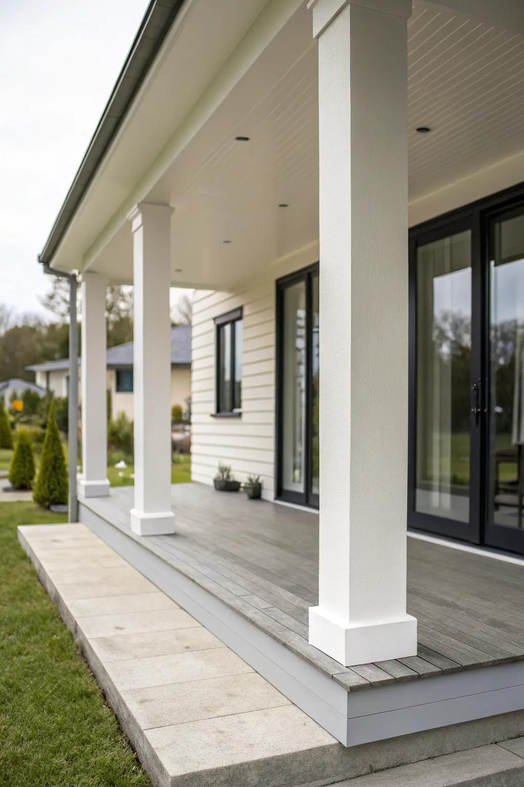 Sleek square columns give a polished impression to this modern home.