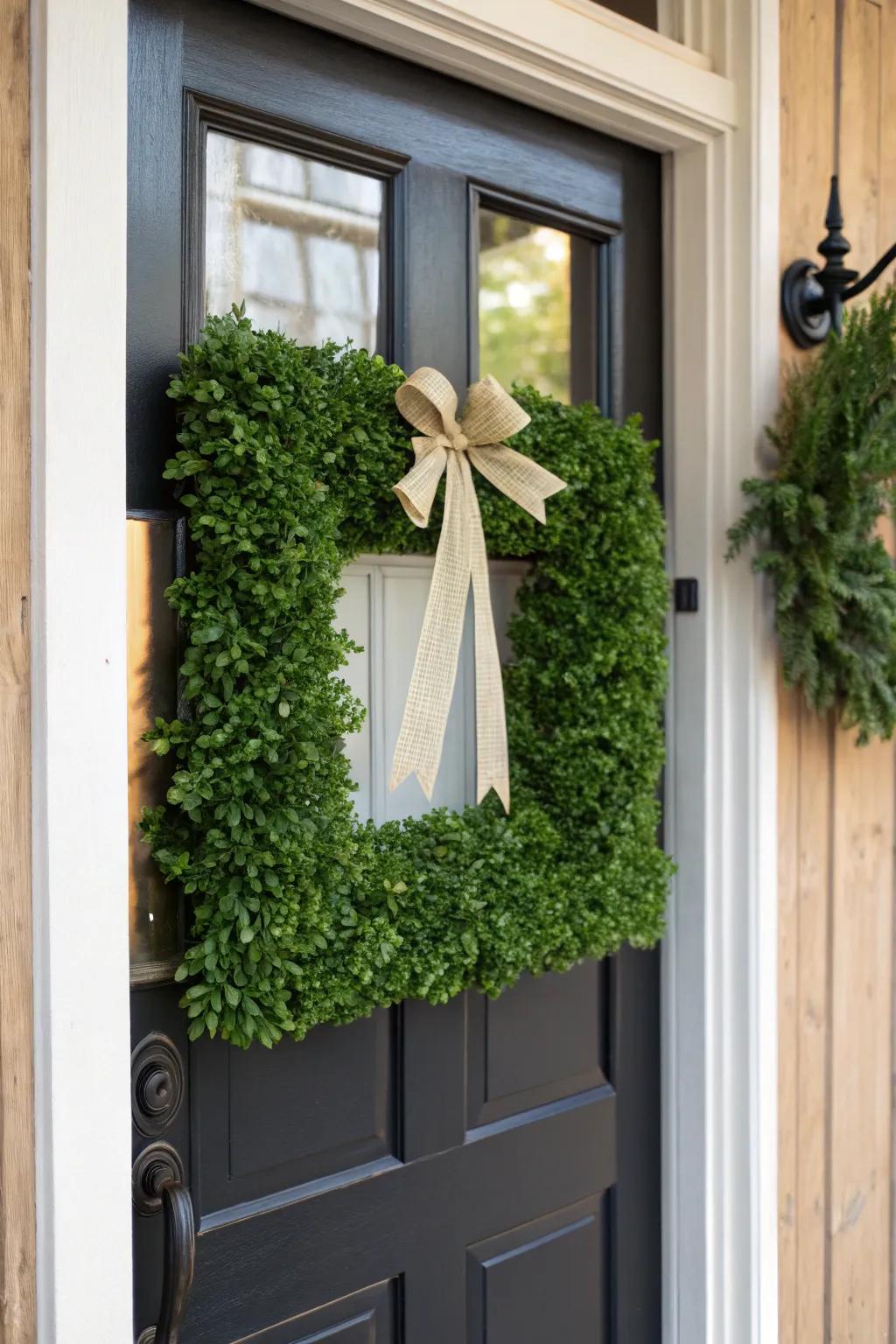 A classic boxwood square wreath gives any entrance a friendly feel.