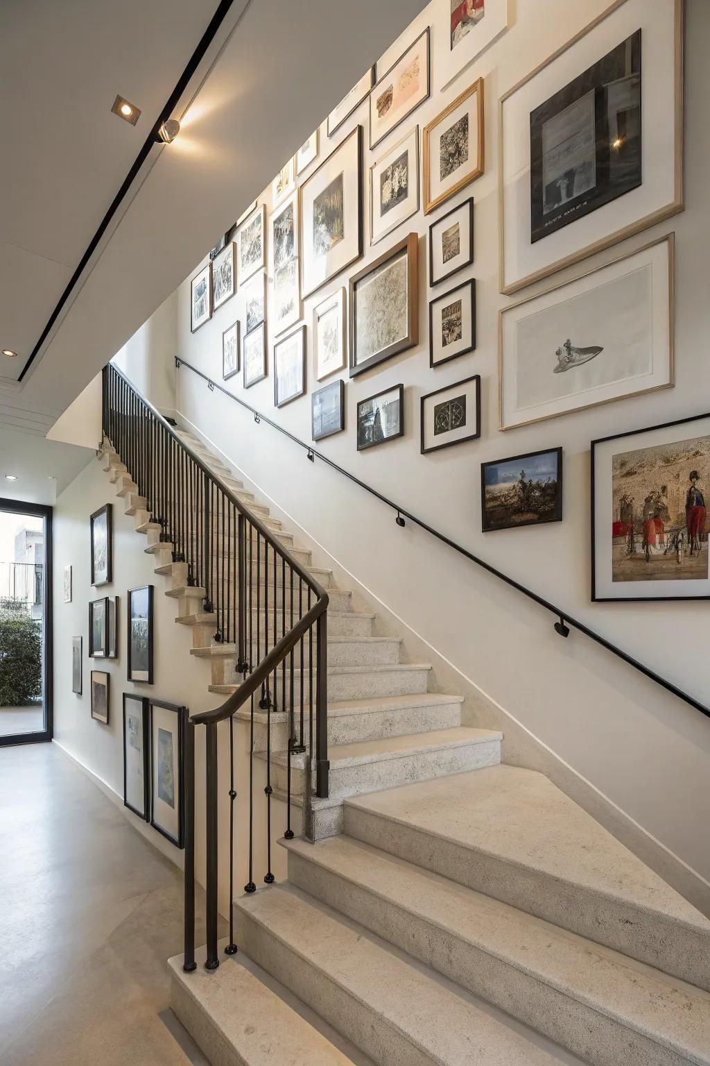 A gallery display enhances the distinctiveness and personalized charm of your stairway.