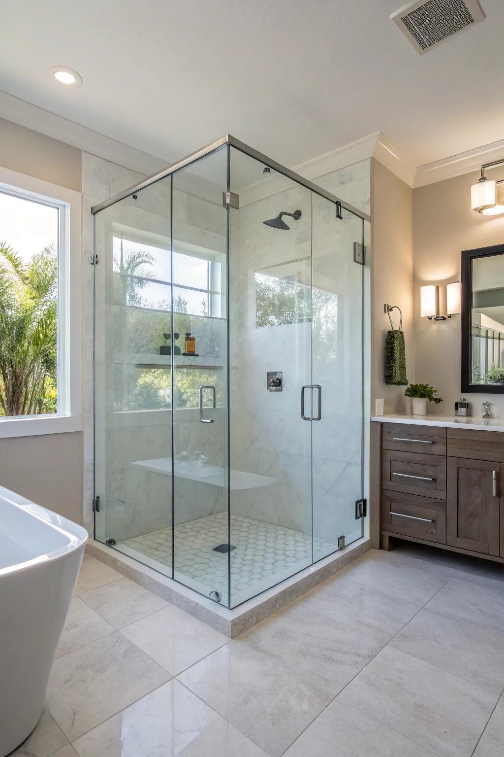 A frameless glass shower brings refinement and expands the feel of a modern bathroom.
