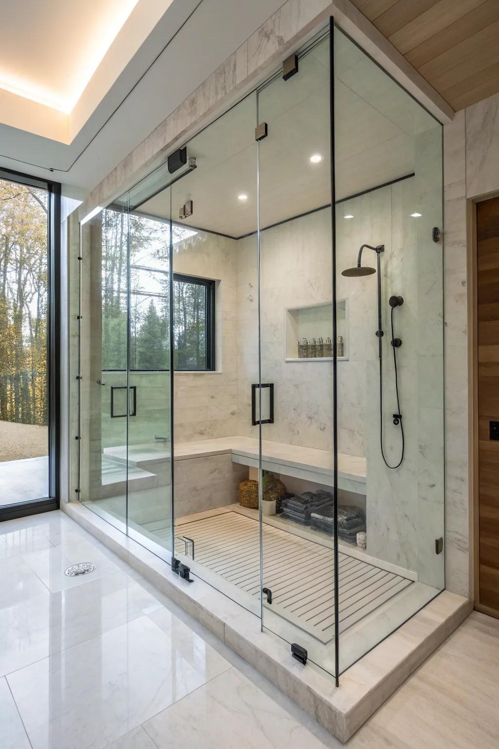 A modern steam shower exhibiting minimalist design principles.