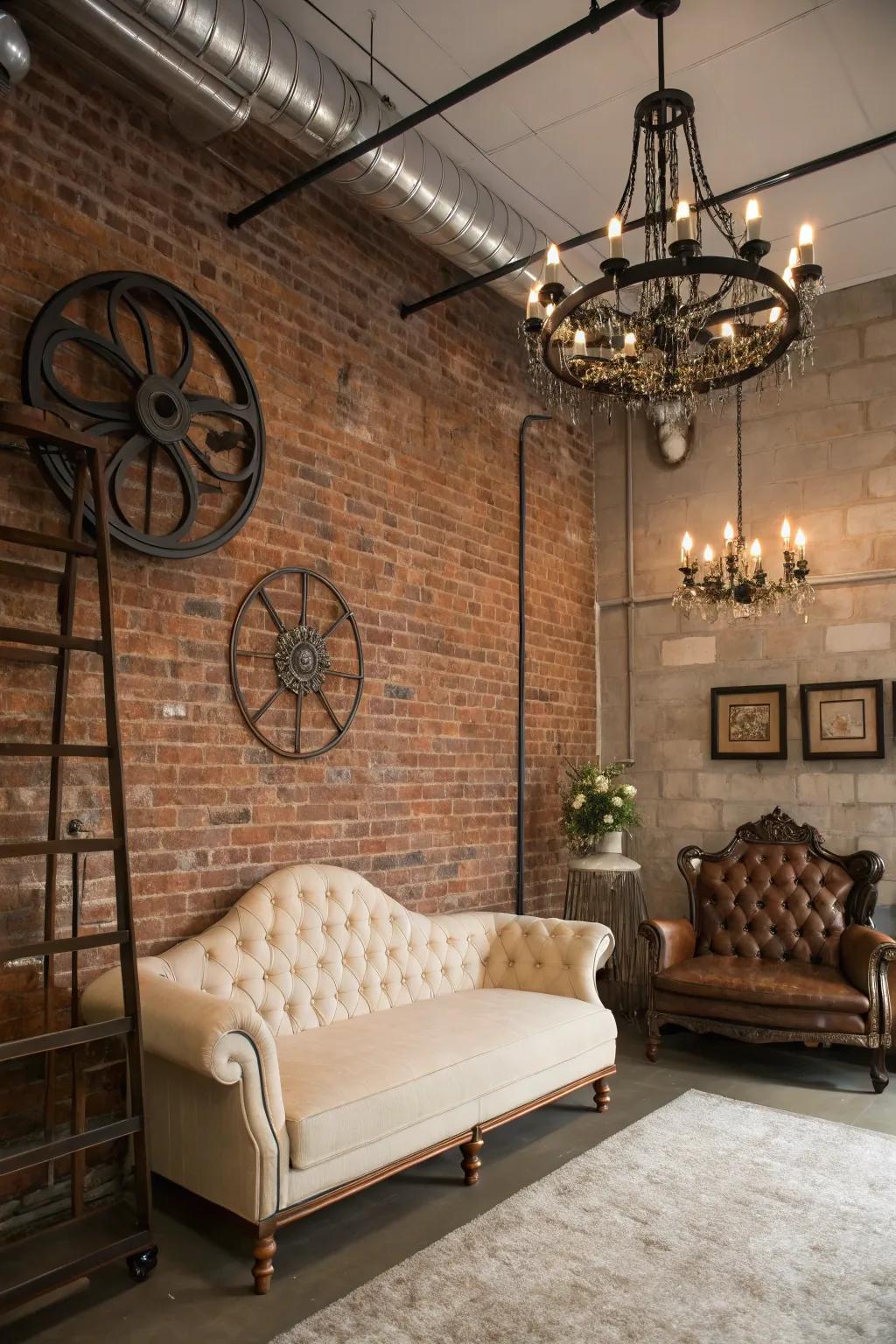 An uncovered brick wall serves as an ideal foundation for steampunk decoration.