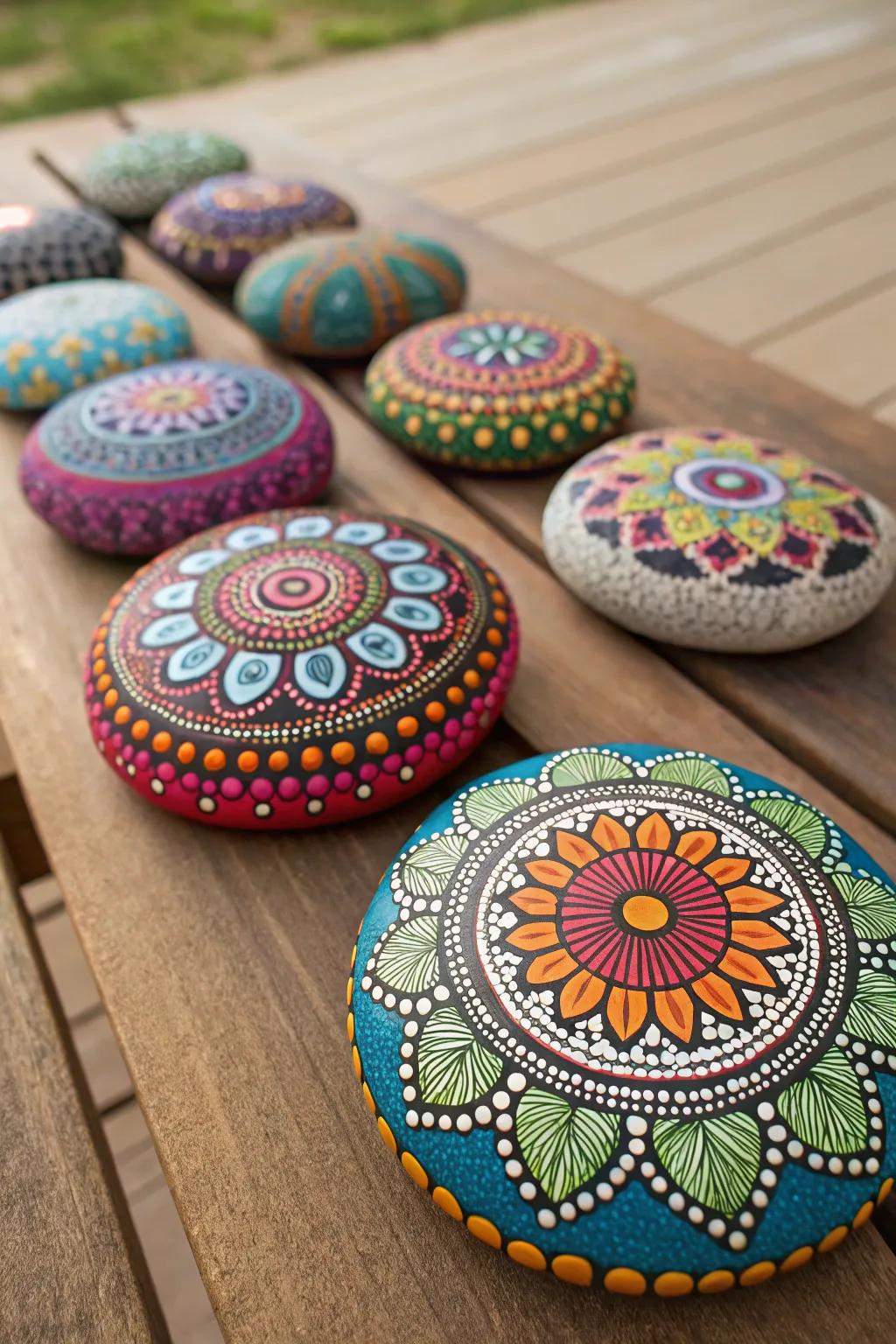 Brilliantly colored mandala stones bringing vibrancy to a space.