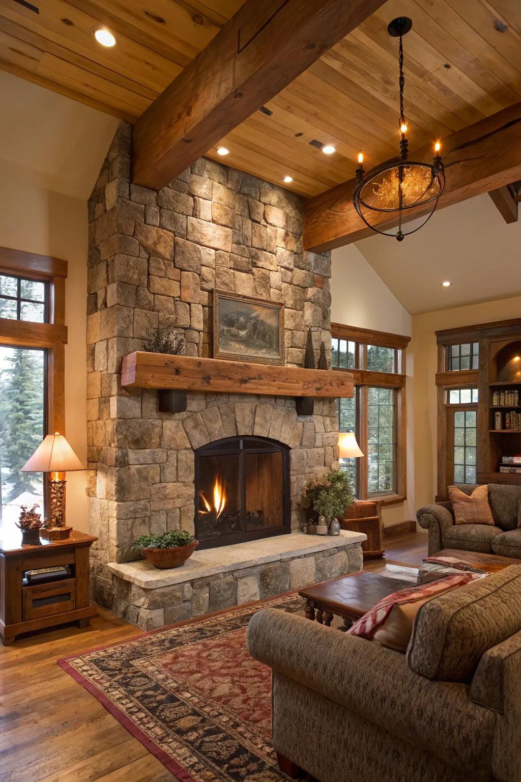 A countryside-inspired living space displaying a stone fireplace accompanied by a repurposed timber plank mantel.