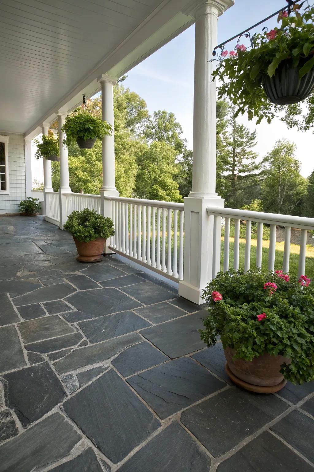 Slate flagstone imparts ageless refinement to every porch.