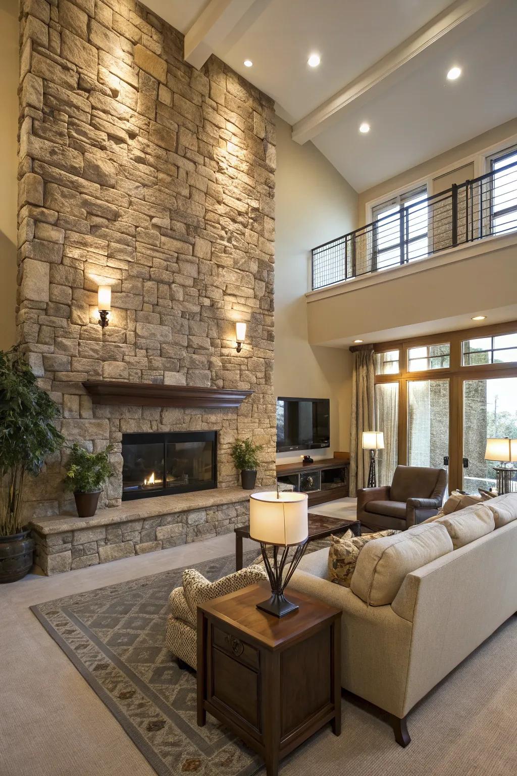 A living room beautifully transformed with a textured stone feature wall.