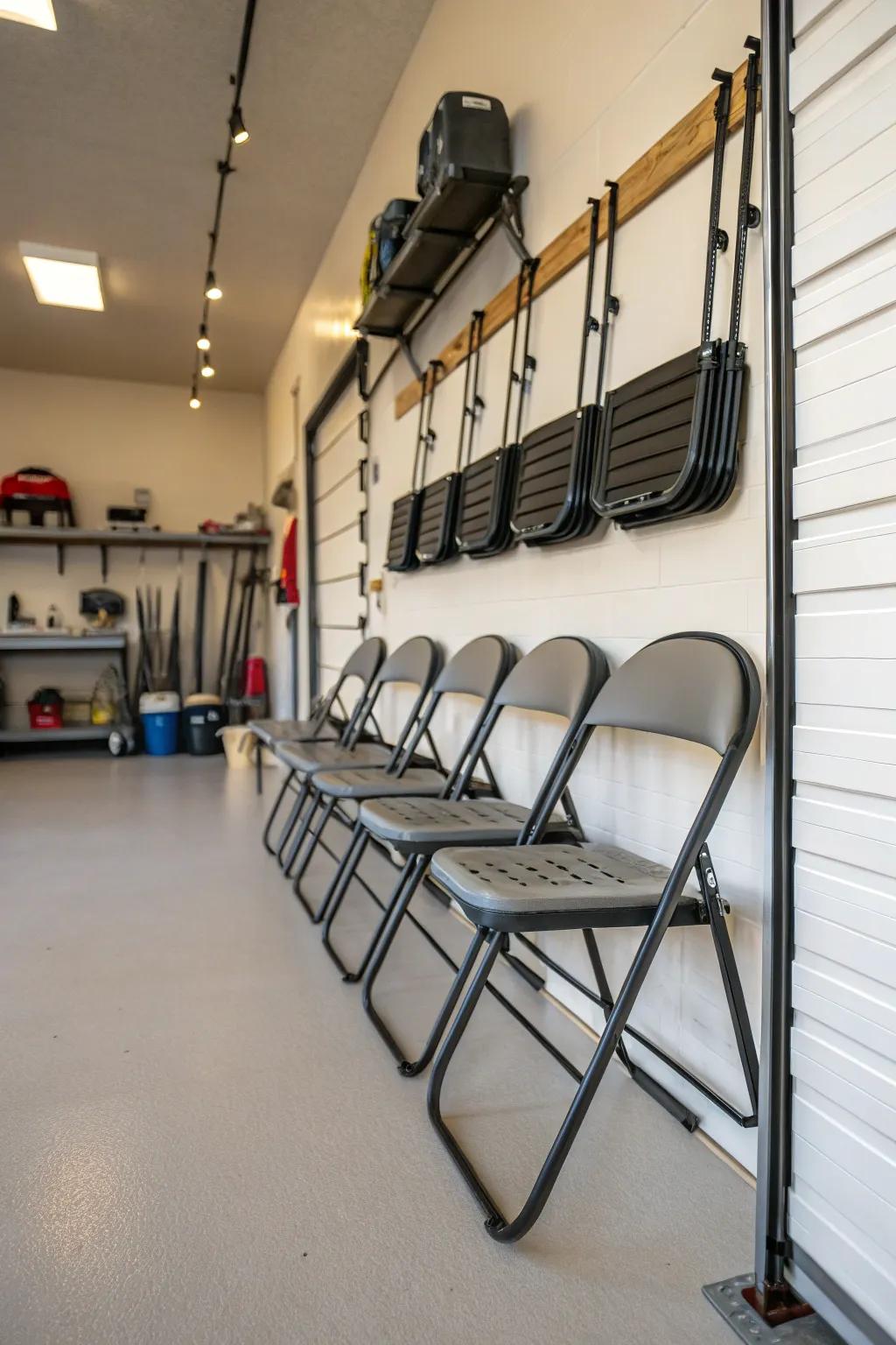 Utilize your wall's height to install racks for holding folding chairs.